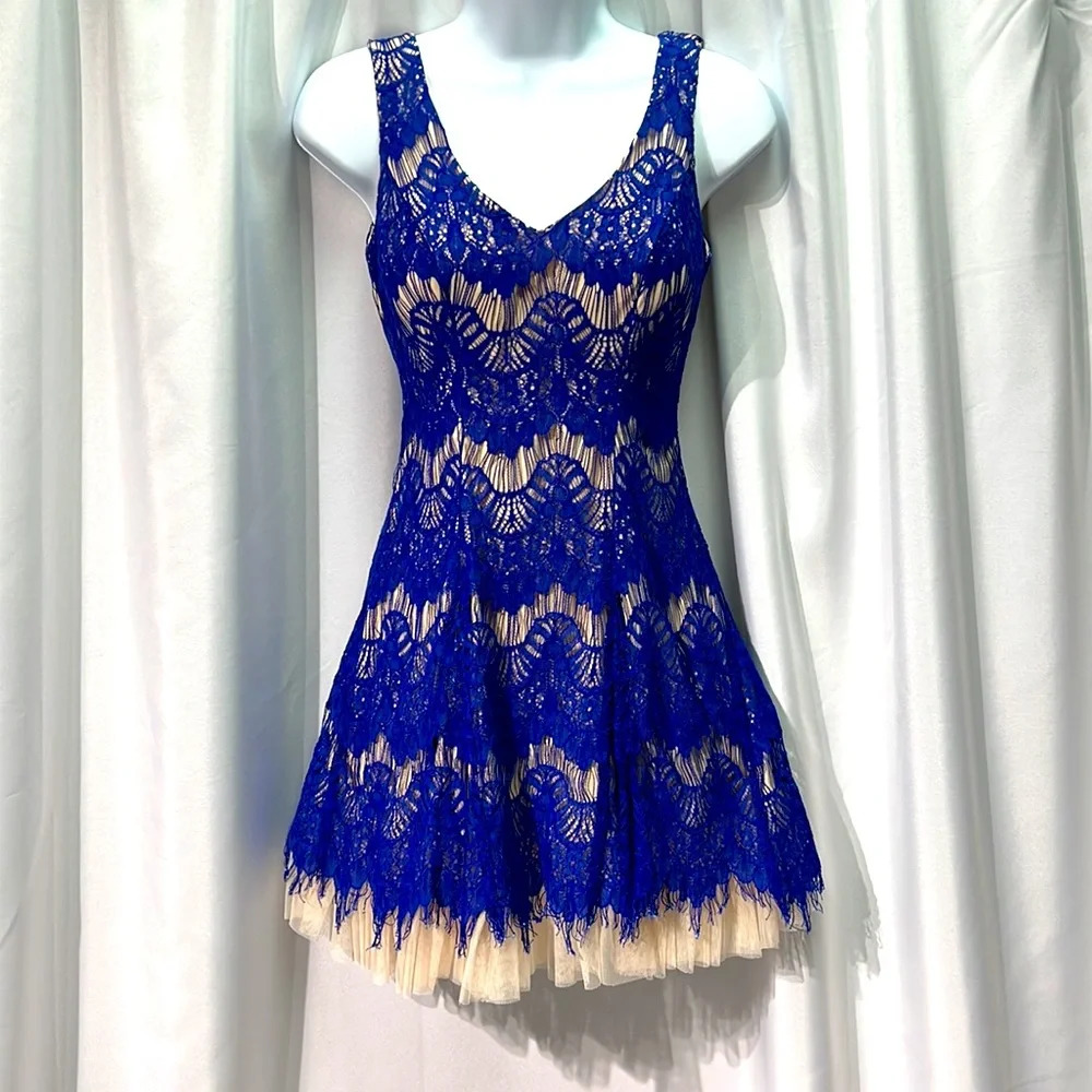 B. Darlin Royal Blue Lace Over Nude Skater Dress with Tulle - size 1/2